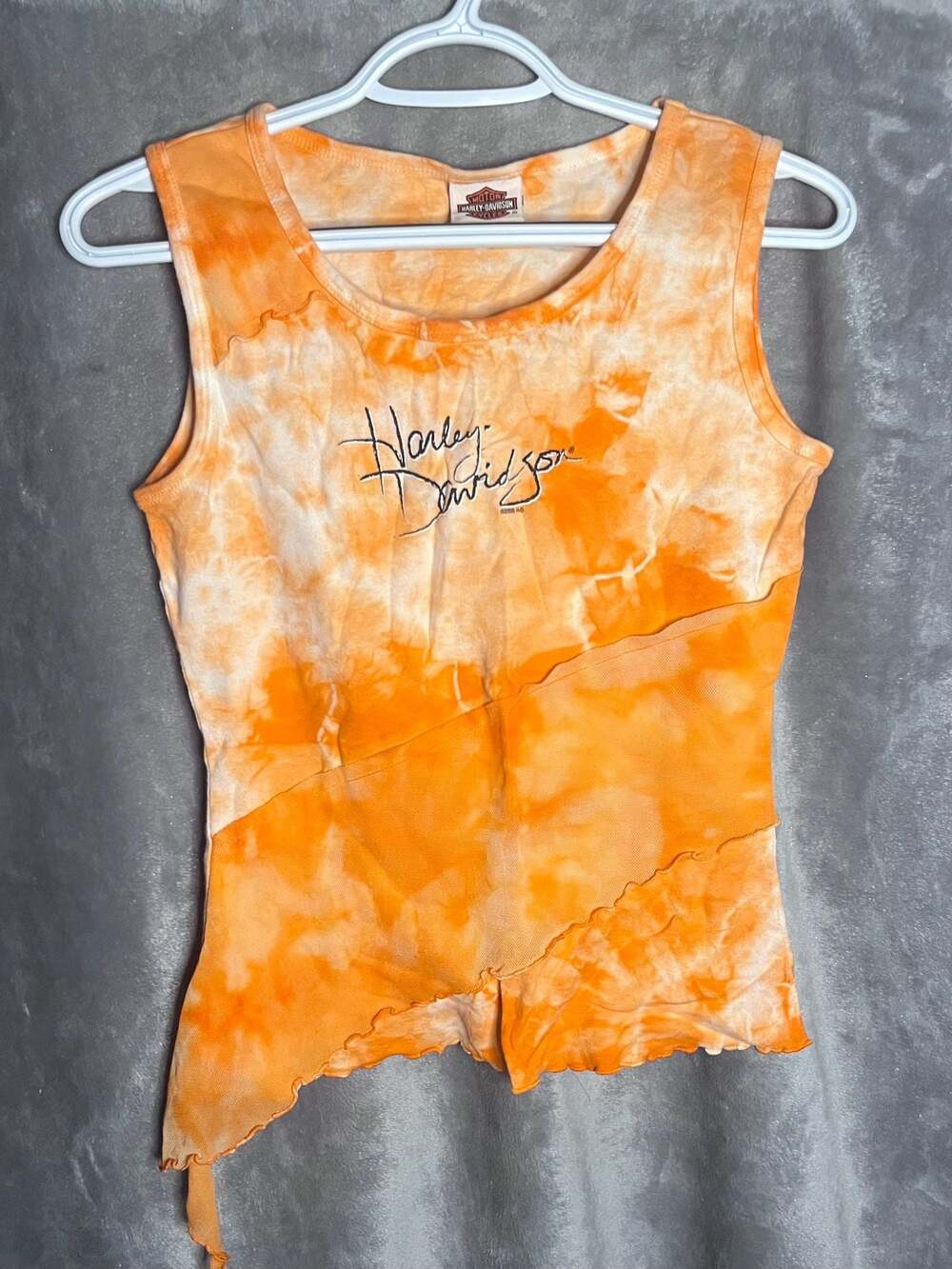 Vintage Harley-Davidson Orange Tie-Dye Asymmetrical Mesh Layer Tank Top Lansing